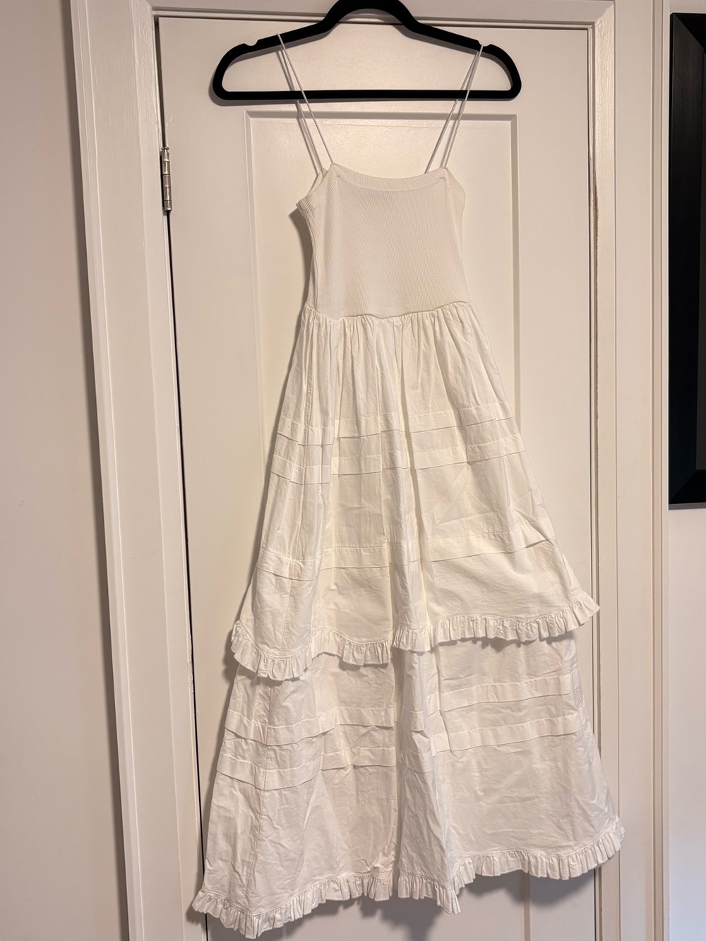 Zara White Tiered Midi Dress with Spaghetti Straps - S